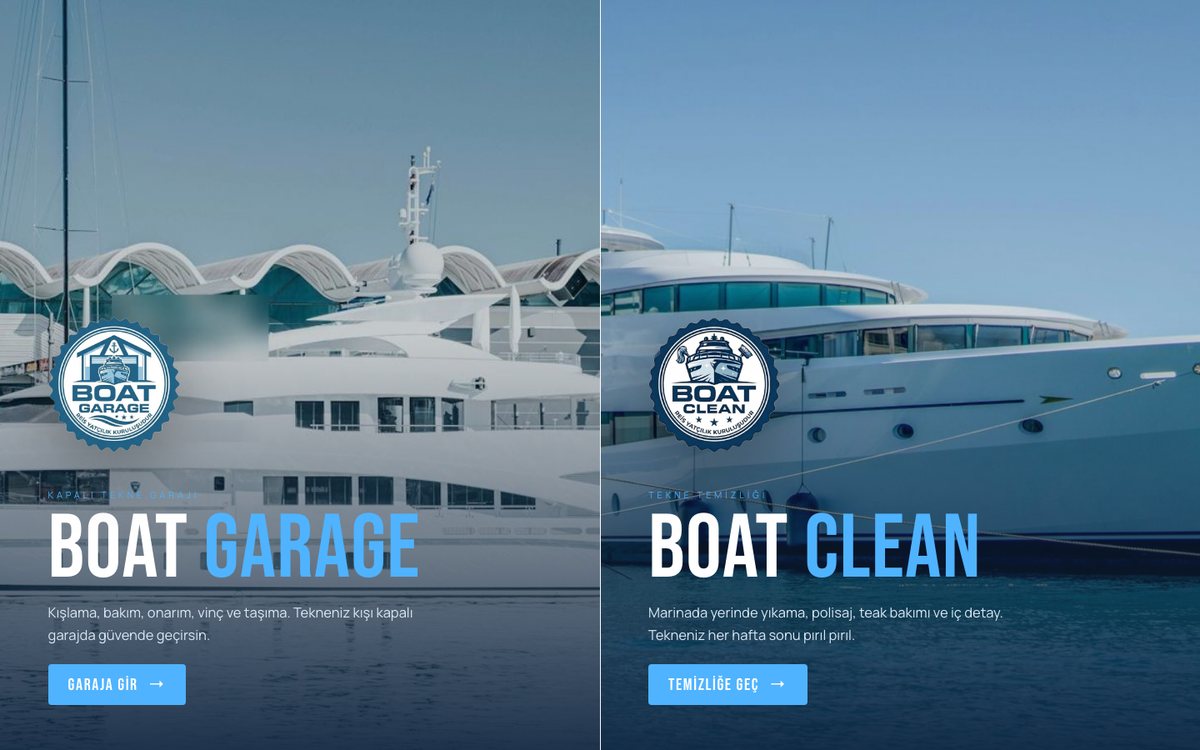 boat-garage.com giriş ekranı: Boat Garage ve Boat Clean seçimi
