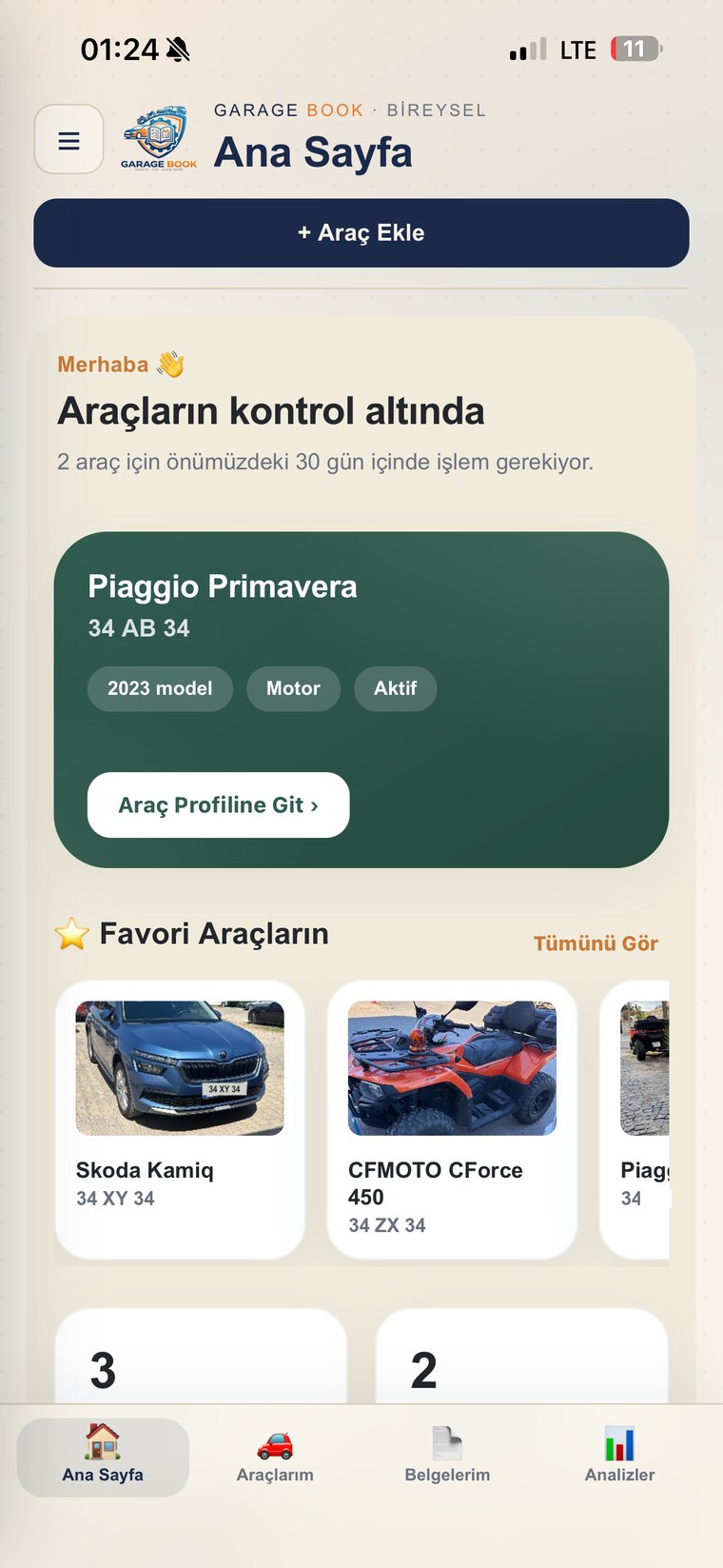 Garage Book ana sayfa ekranı