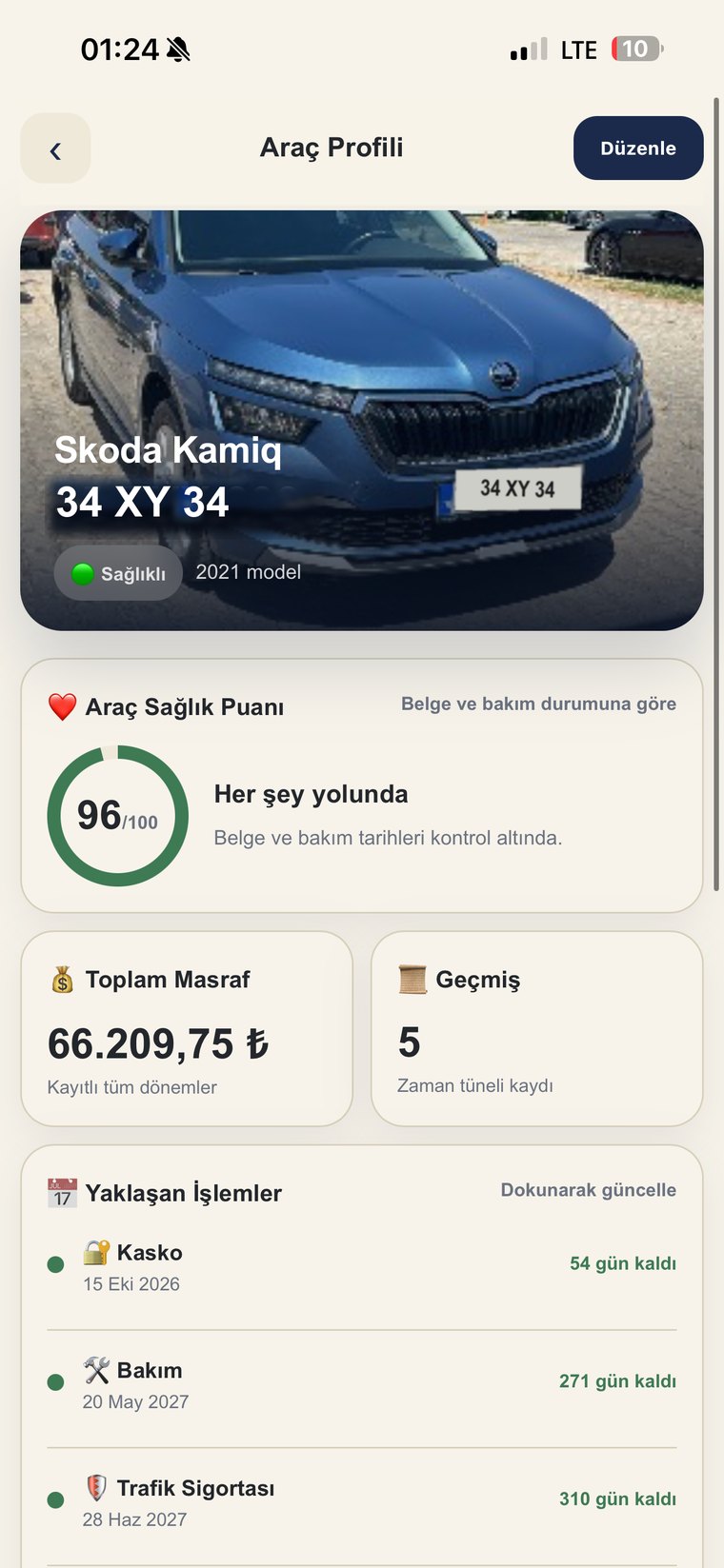 Garage Book araç profili ekranı
