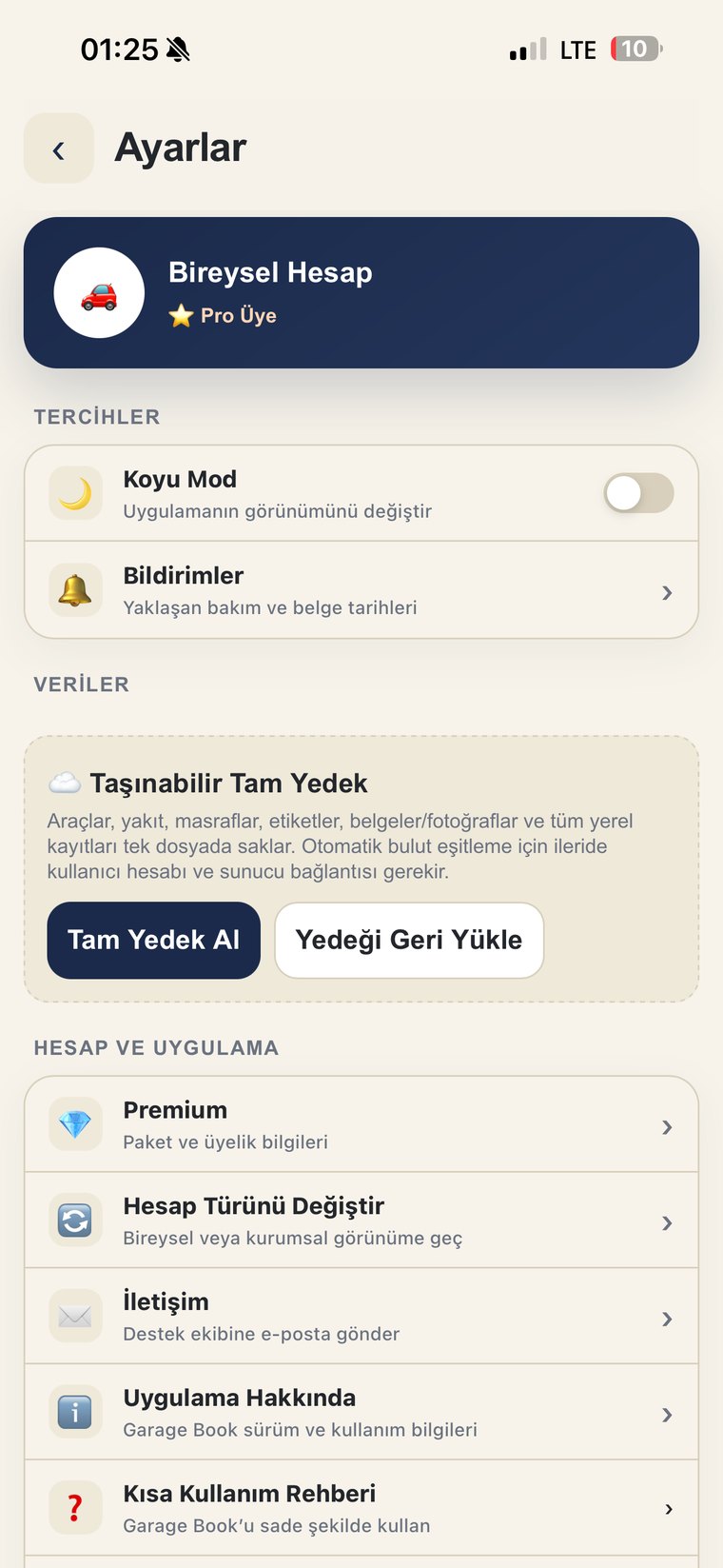 Garage Book ayarlar ve yedekleme ekranı