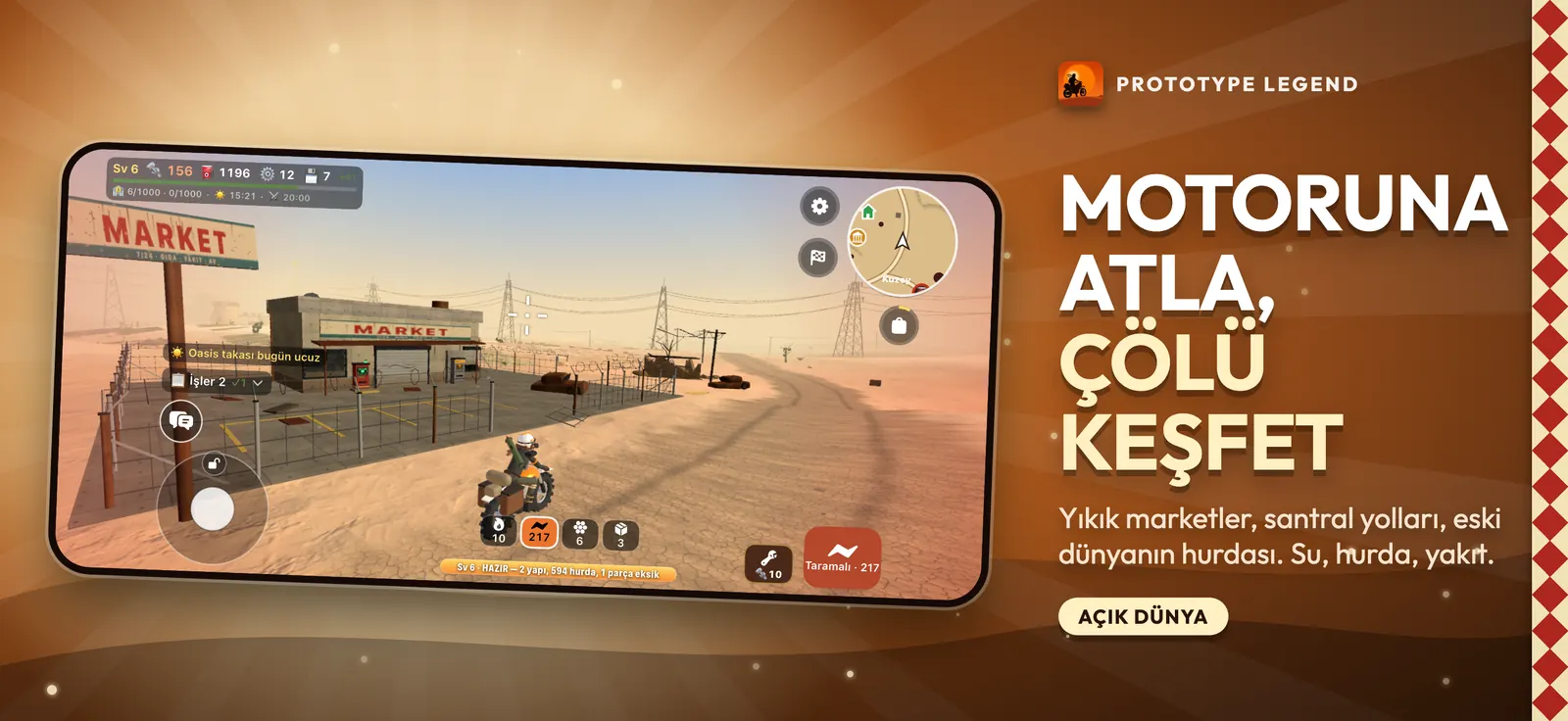 Motorcu, çölde yıkık bir marketin önünde