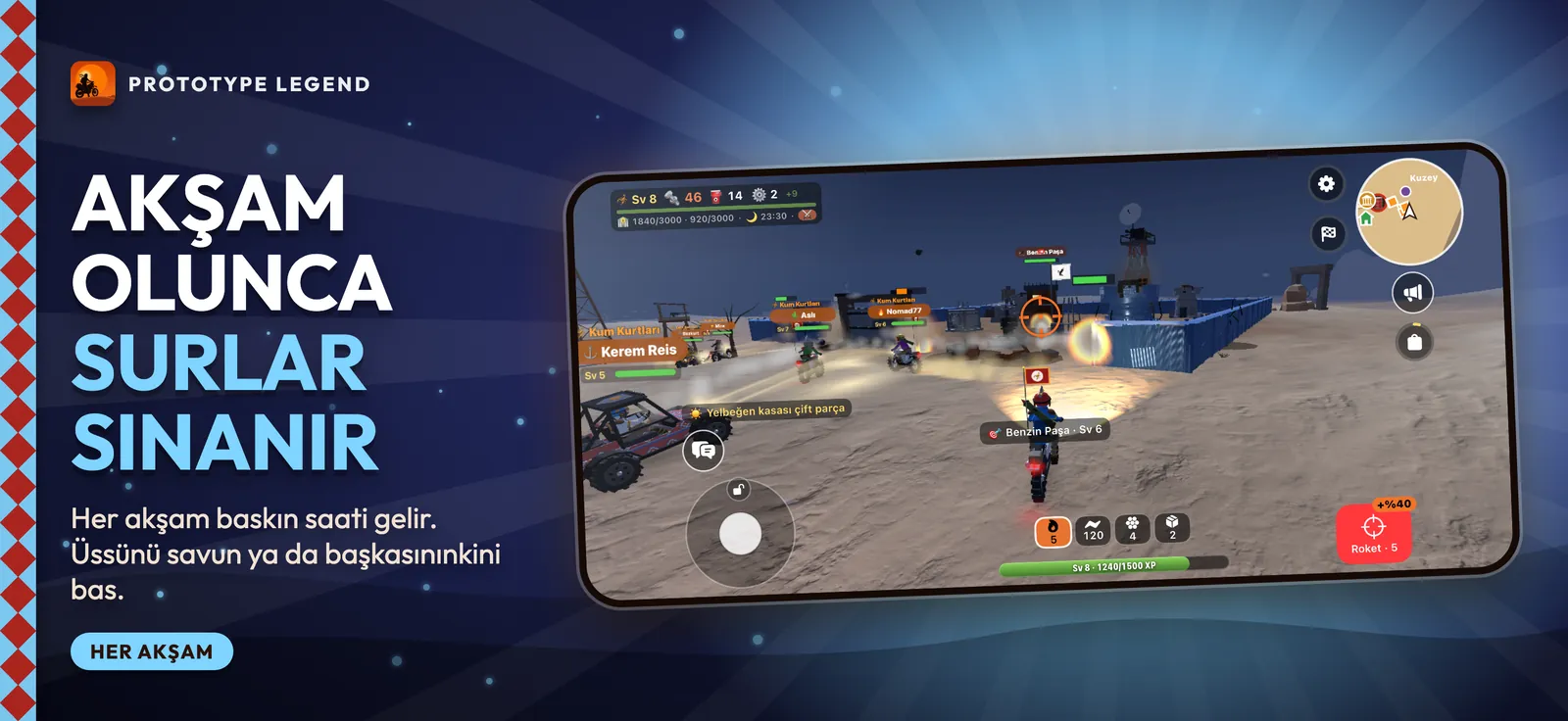 Gece, farları yanan motorcular bir üssün önünde