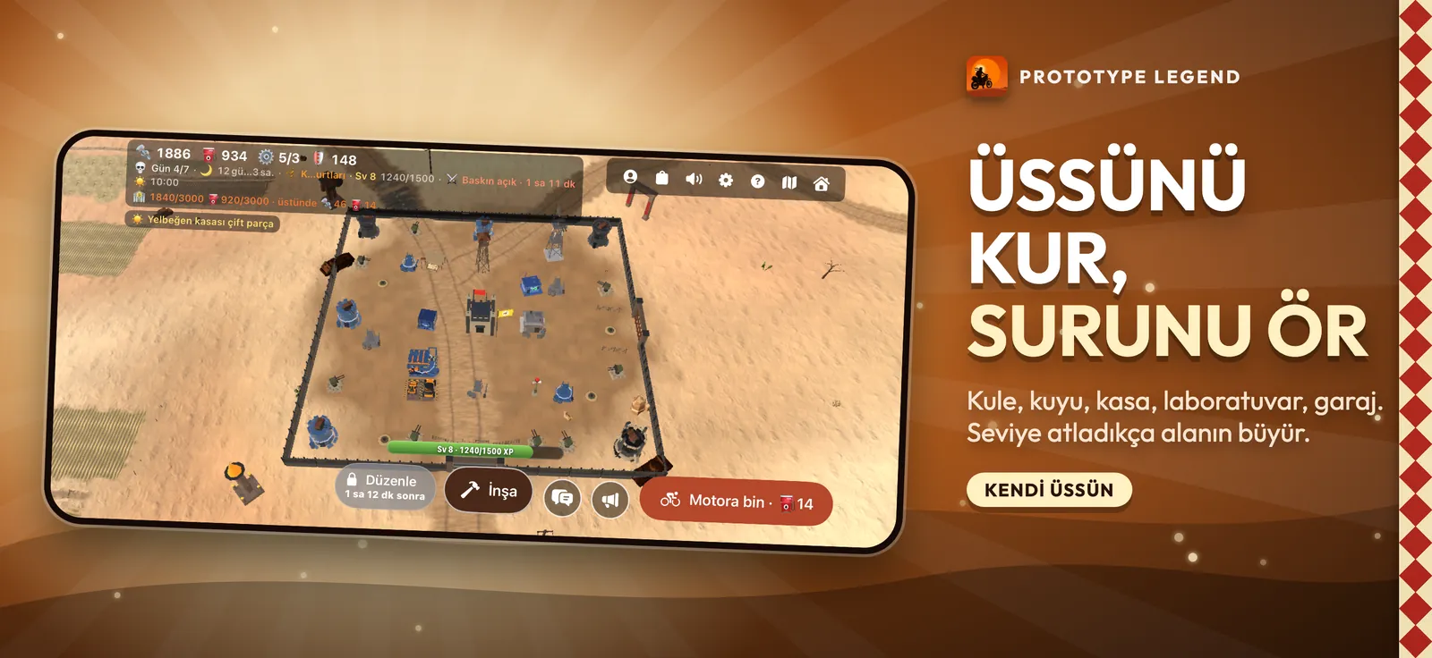 Kuş bakışı bir üs: sur, kuleler ve binalar