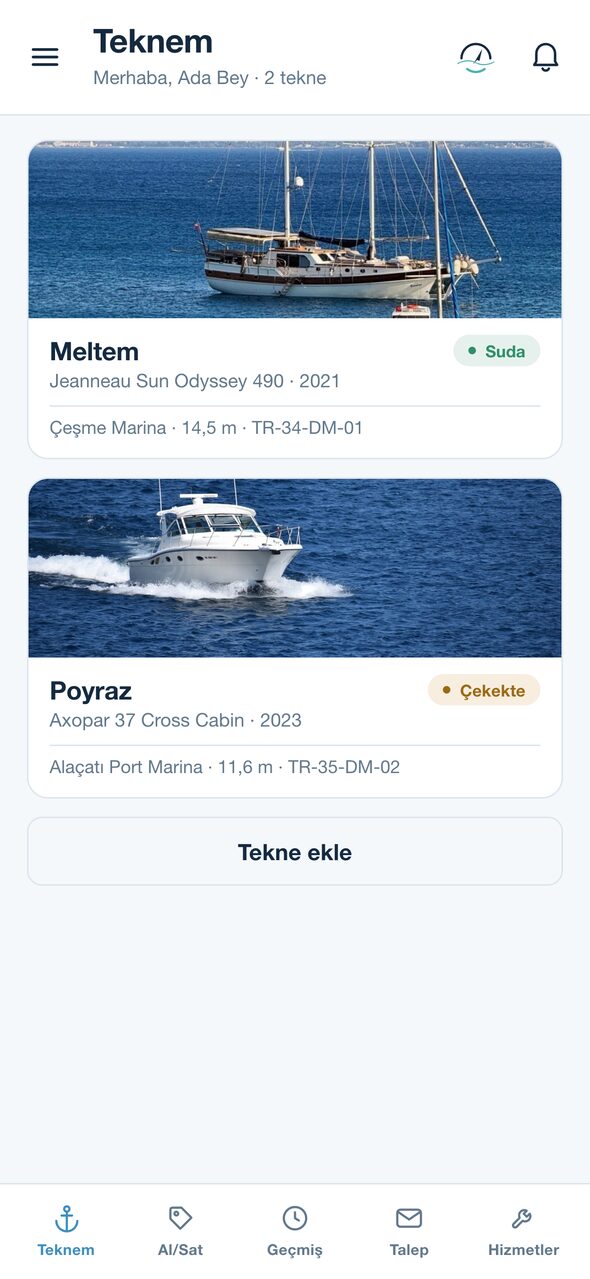 SeaApp Teknem ekranı: kayıtlı tekneler listesi