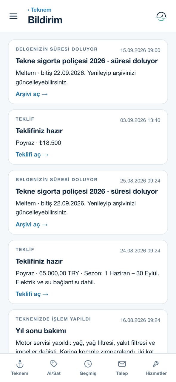 SeaApp bildirimler ekranı: süresi dolan belge uyarısı