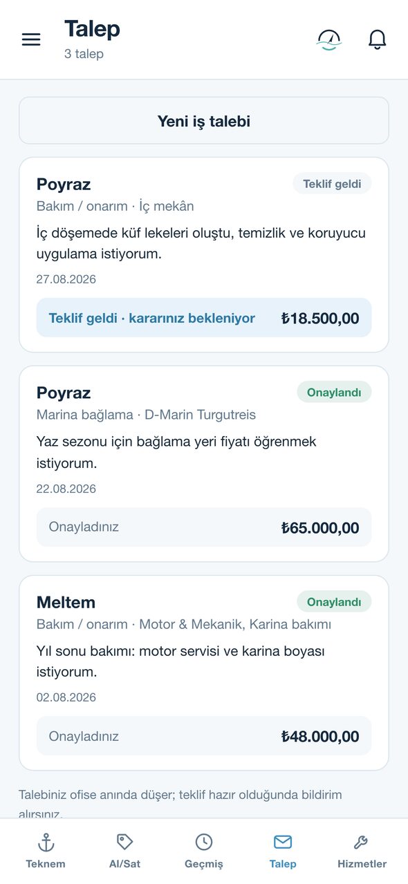 SeaApp servis talebi ekranı: gelen teklif