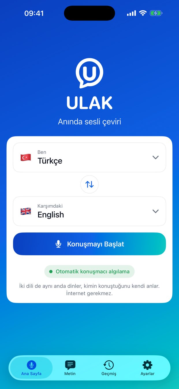 ULAK ana sayfası: iki dil seçimi ve Konuşmayı Başlat düğmesi