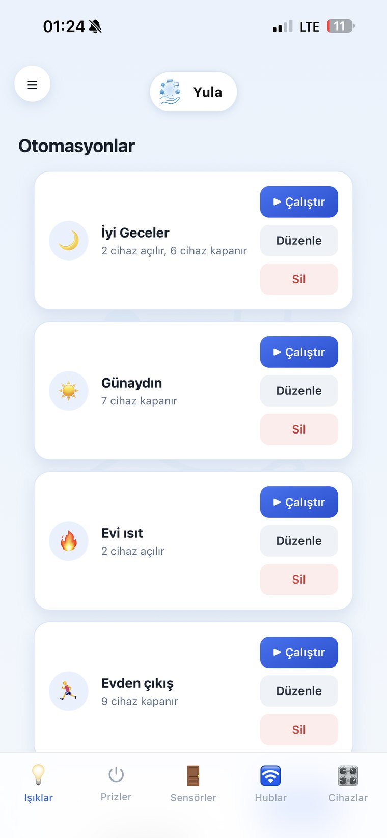 Yula uygulamasındaki otomasyonlar listesi